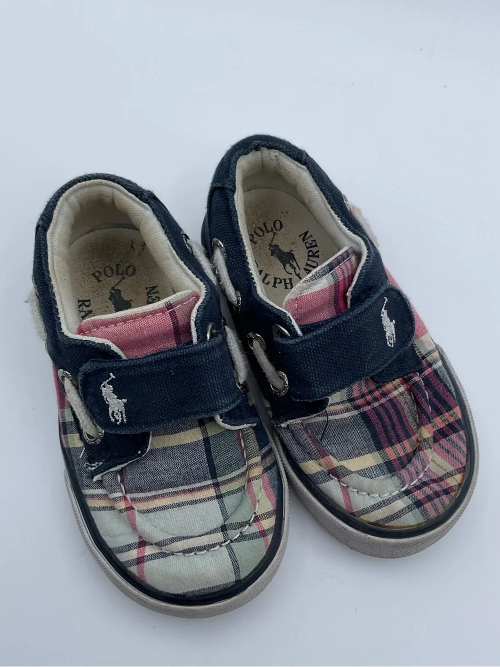 Polo Ralph Lauren Toddler Plaid Boat Shoes Hook & Loop Navy Size 6 EUC